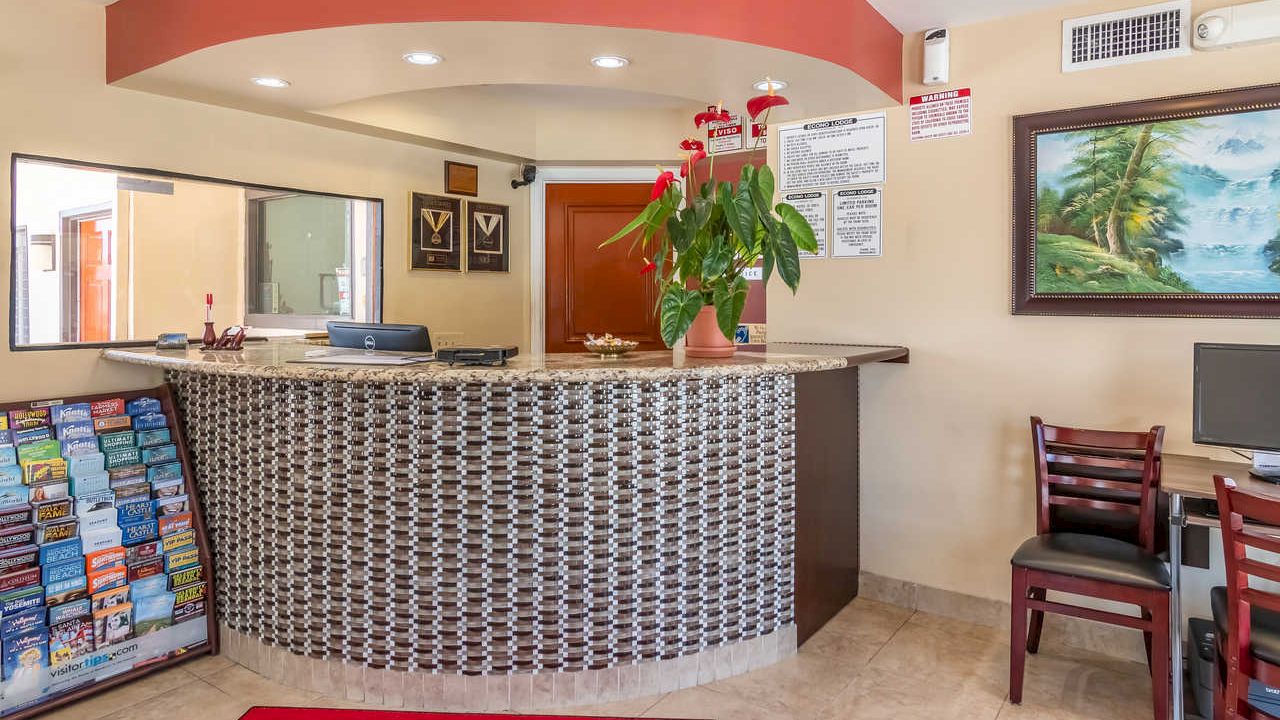 A hotel reception area with a curved front desk, potted plant, brochures, chairs, and a painting on the wall.